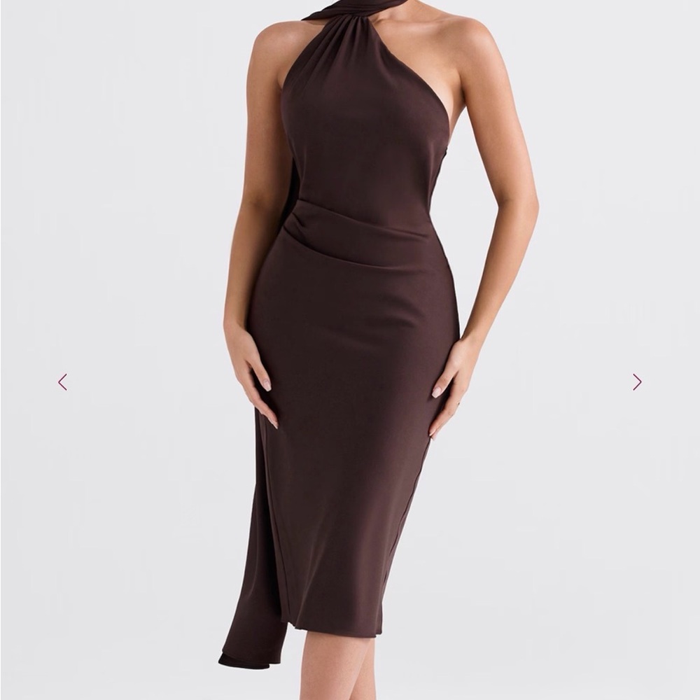 House of CB Asymmetrical One Shoulder Dress in Chocolate Brown